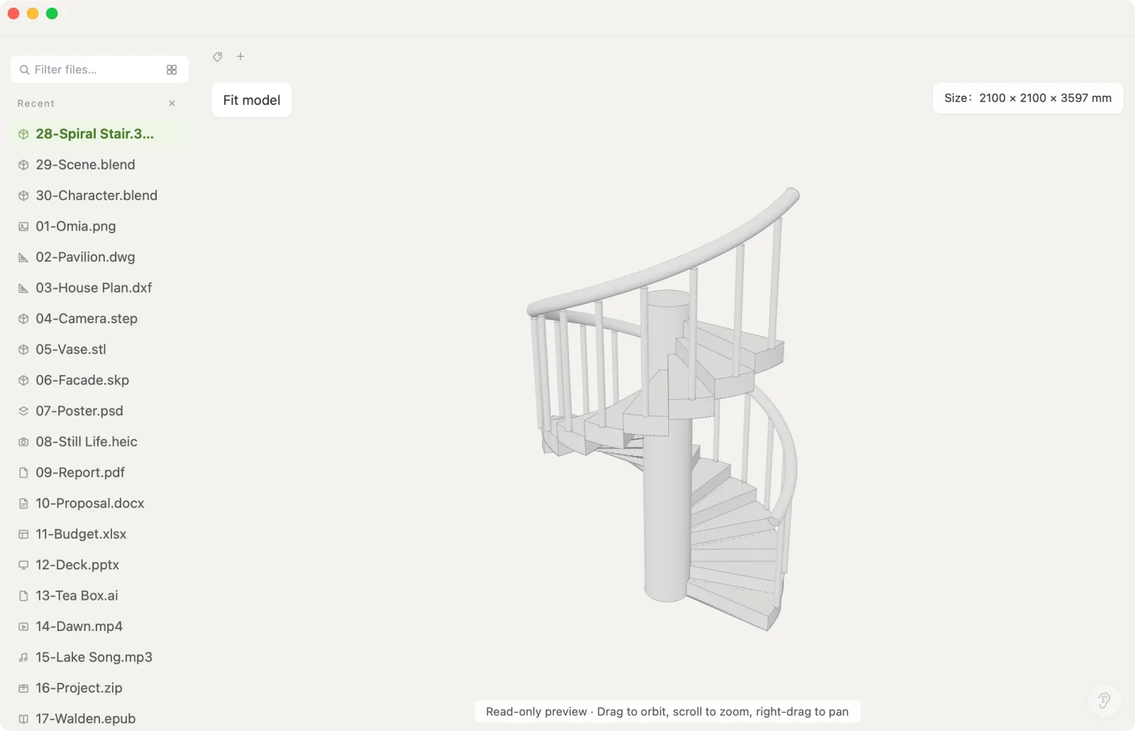 A Rhino .3dm model of a spiral staircase opened in Xiaoer Omia, with no Rhino installed