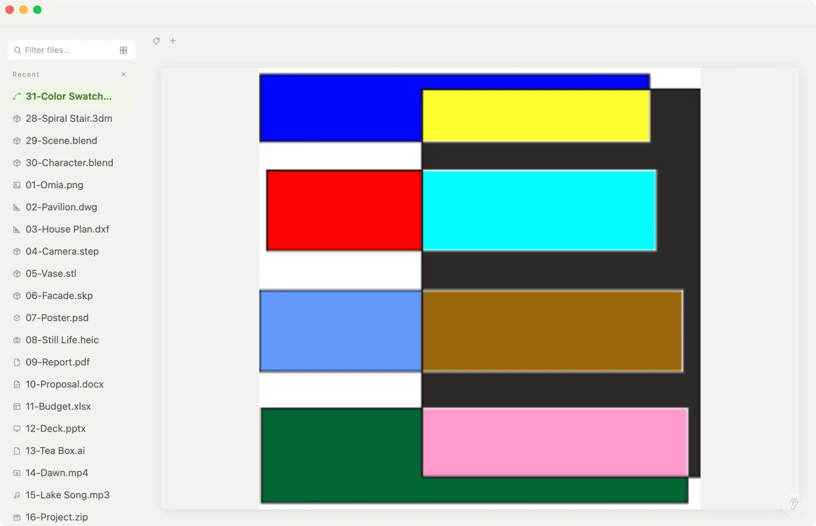 A CorelDRAW X5 .cdr file of colour swatches previewed in Xiaoer Omia, with no CorelDRAW installed