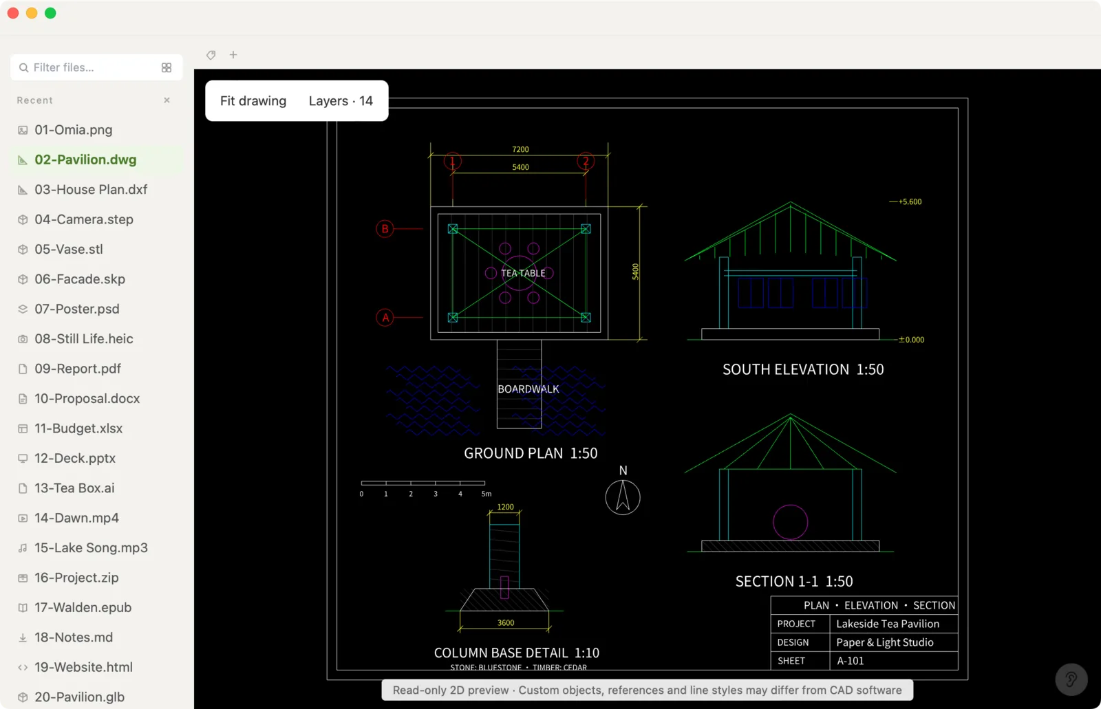 AutoCAD-DWG-Zeichnung eines Pavillons in Omia geöffnet, mit Layer-Liste