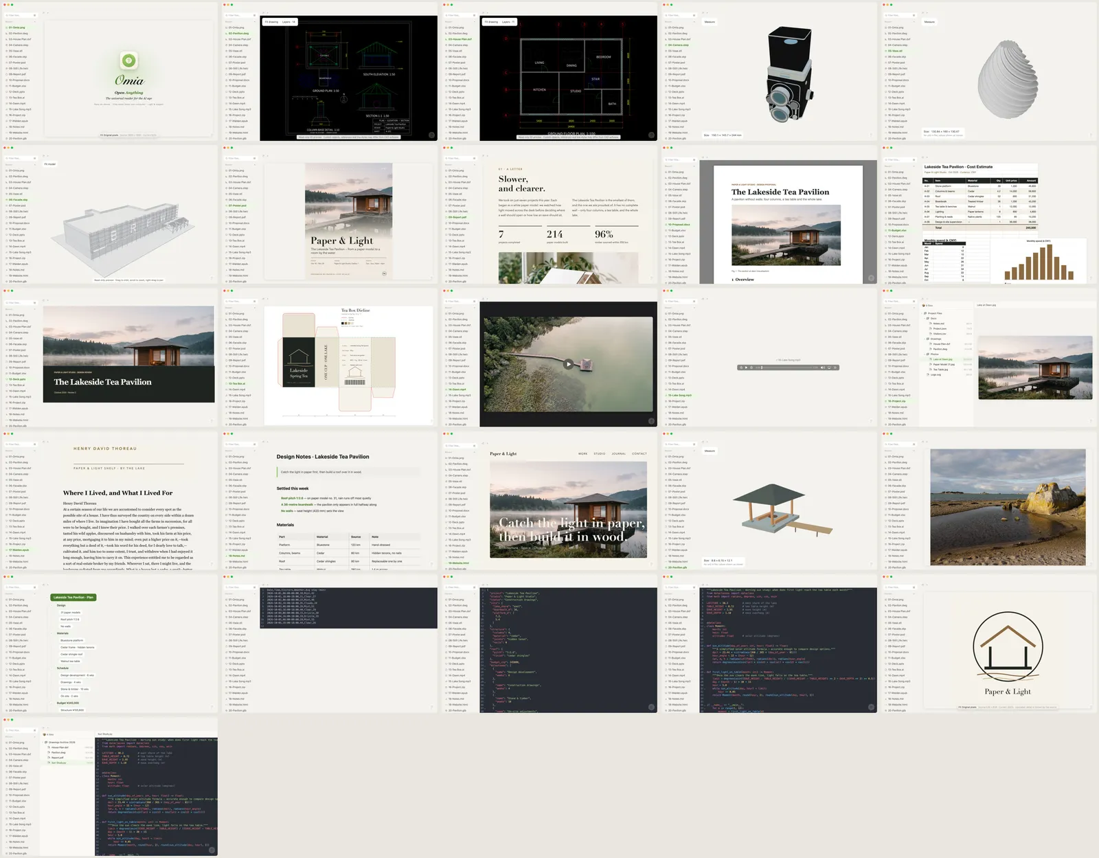 Xiaoer Omia's file list with images, PDFs, CAD drawings and Office files open in one window