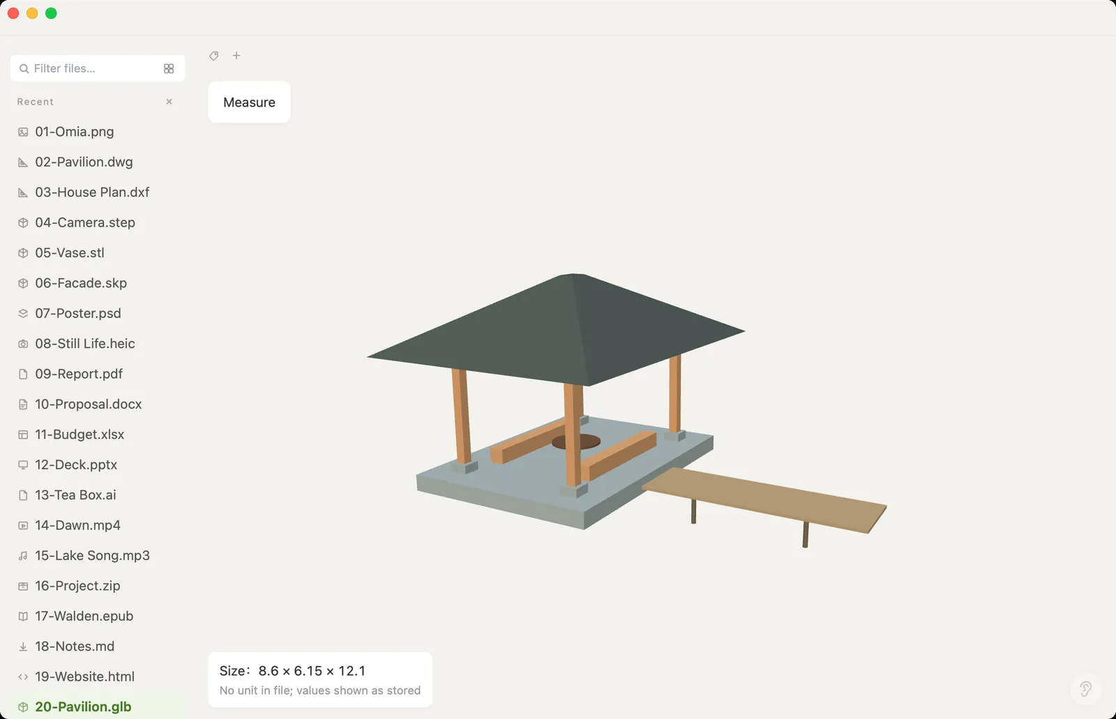 GLB 3D model of a pavilion opened in Omia, showing size