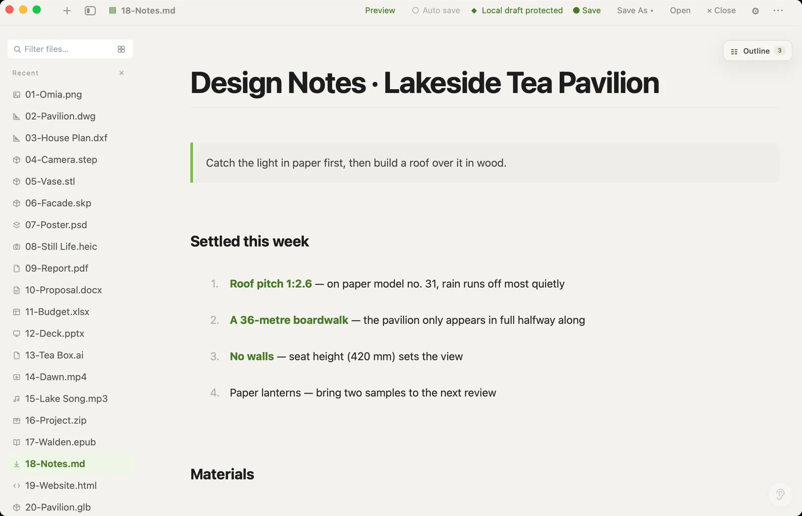 Editing a Markdown file in Omia with save and outline