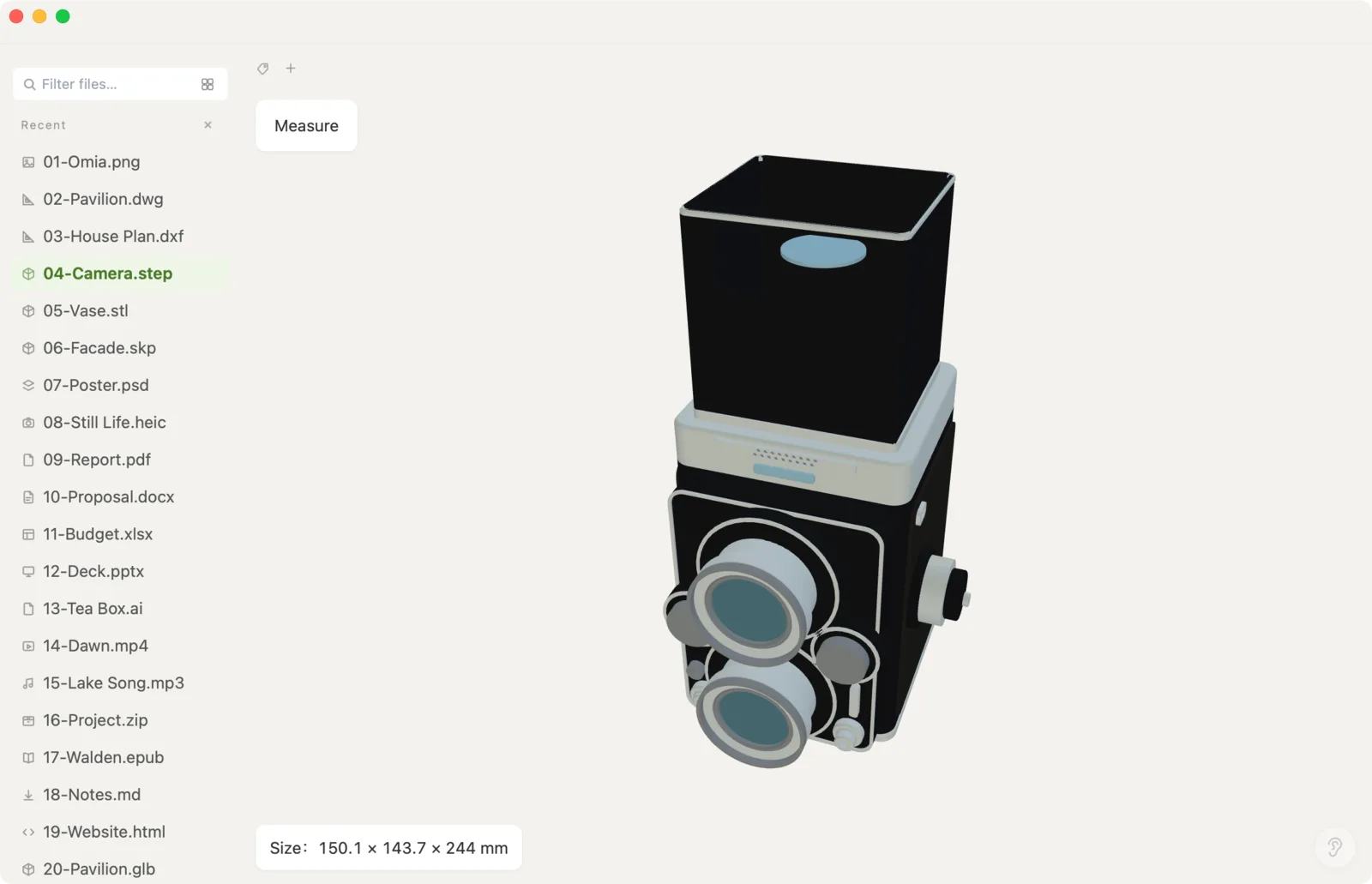 STEP-3D-Modell einer Kamera in Omia, mit Gesamtabmessungen