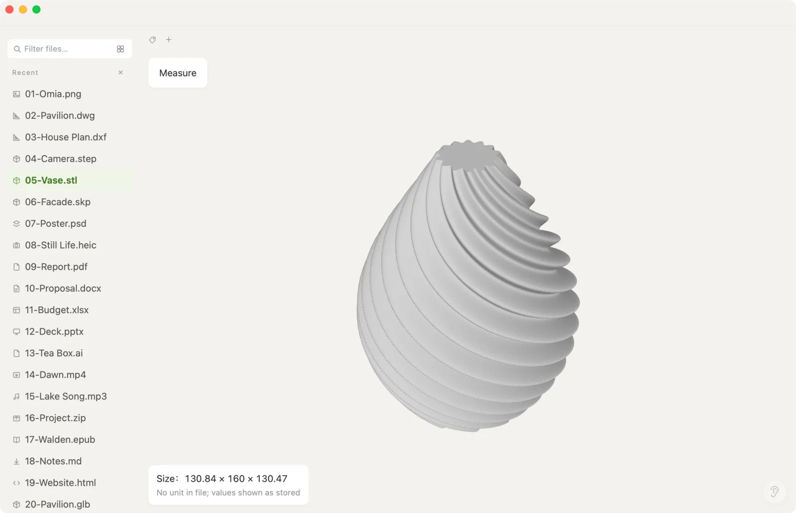 STL-Modell einer Vase in Omia mit Größenangabe